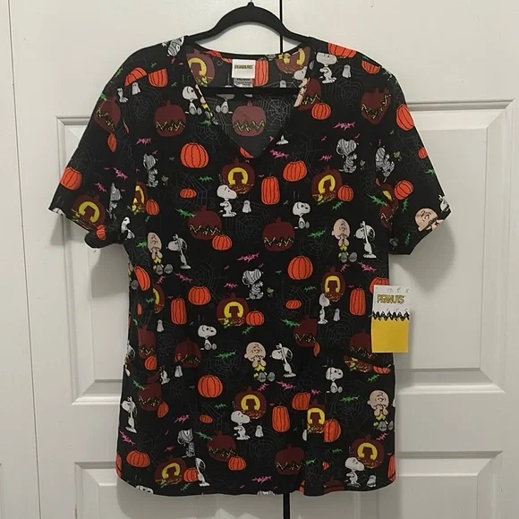 Peanuts Black and Orange Short Sleeve Tee with Halloween Print - Picture 1 of 4